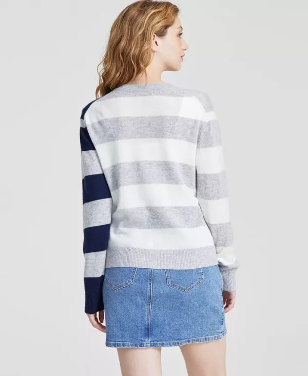 Women's 100% Cashmere Colorblock Stripe V-Neck Cardigan - Image 3