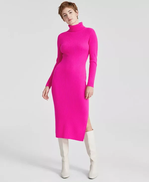 Women's 100% Cashmere Turtleneck Midi Sweater Dress