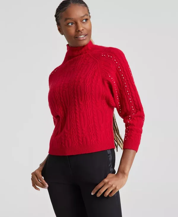 Women's Cashmere Embellished Dolman-Sleeve Cable-Knit Sweater