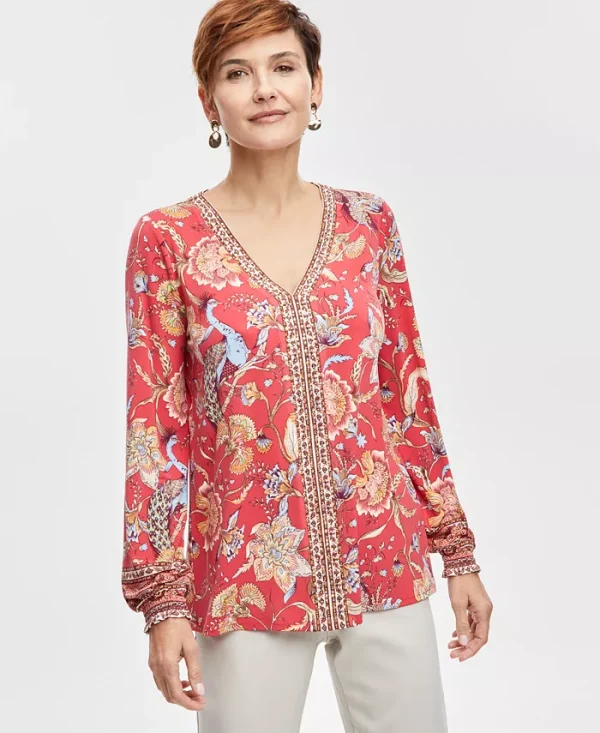 Women's Printed Split-Neck Long-Sleeve Top