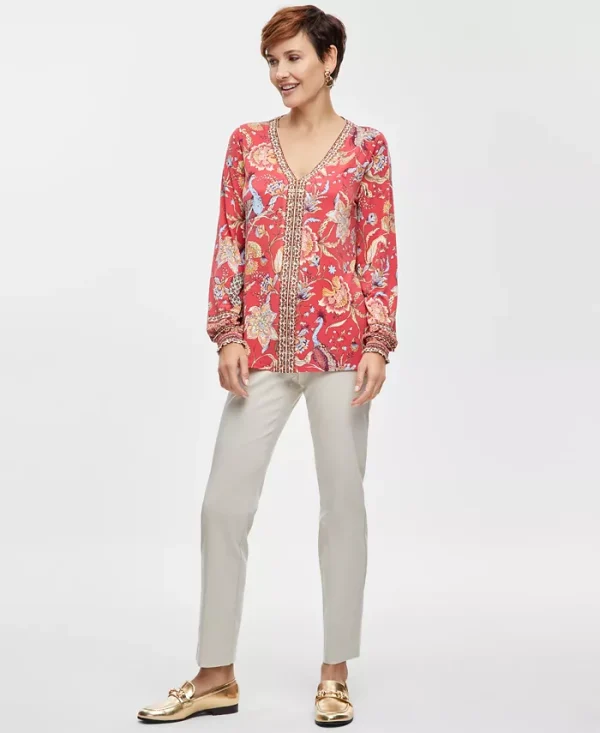 Women's Printed Split-Neck Long-Sleeve Top - Image 4