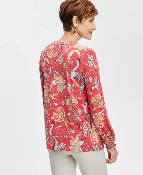 Women's Printed Split-Neck Long-Sleeve Top - Image 2